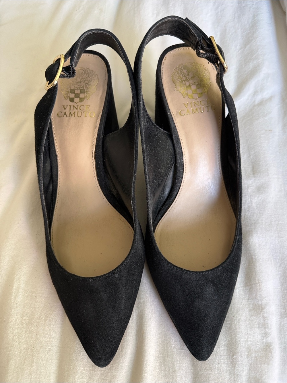 Vince Camuto Black Suede Pointed Slingback Pumps with Gold Buckle
